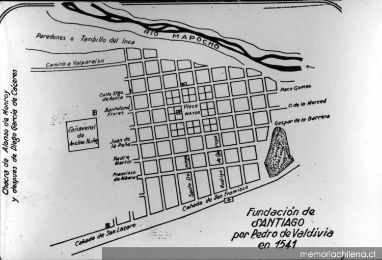 Mapa de las primeras calles de Santiago de Chile, fundada en 1541. 

Licencia: Patrimonio Cultural Común
Fuente: memoriachilena.cl